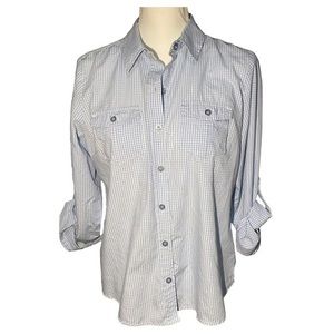Laura Scott PETITE Plaid Pastel Blue Chest Pocket Long Sleeved Collared Buttoned